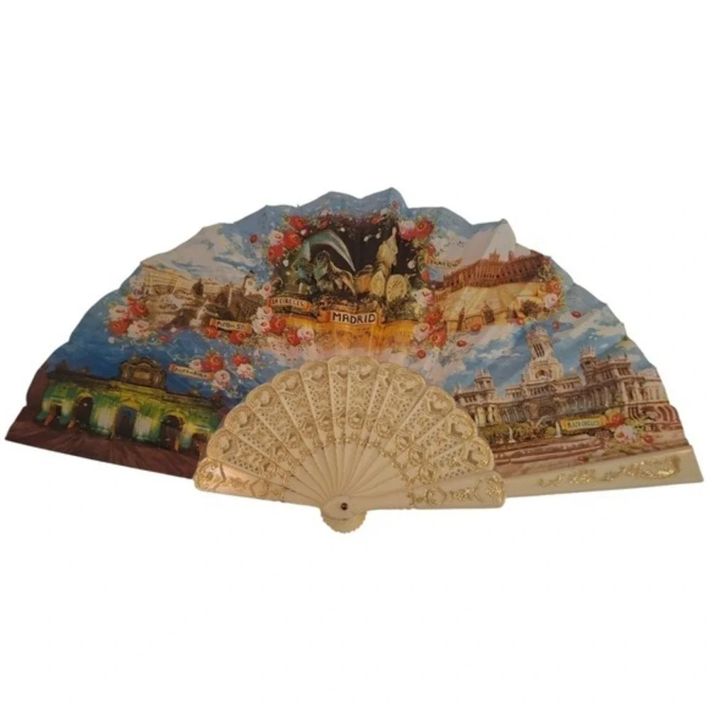 Folding Hand Fan Spain Madrid Scene Souvenir Decorative Collectible vintage